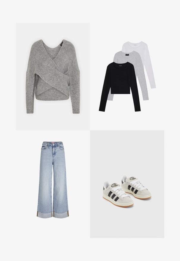 Hallide hallhargus, sügava V-kaelusega, pikkade varrukatega ja ribatrepiga. Valmistatud pehmest kudumismetallist, millel on kihiline, asümmeetriline disain.; Kolm pikkade varrukatega toppi, mis on üksteise peale asetatud: must, hall ja valge. Igal ühel on ümar kaelus ja lühike disain, valmistatud siledast, kergekaalulisest kangast.; Heledad sinine lai jalgadega teksad kõrge vöökohaga, lõhikud alläärtes ja kontrastsete õmbluste detailidega, valmistatud denimist.; Hallid hallid nahkrennid valgete paeltega, mustade triipudega ja valge kummitaldiga. Omab ümmargust logo keeles ja kummitalda.