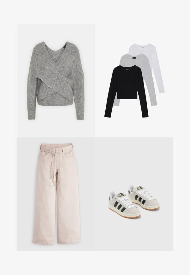 Siva omotana vestica s dubokim V-izrezom, dugim rukavima i rebrastom teksturom. Izrađena od mekog pletenog materijala s slojevitim, asimetričnim dizajnom.; Tri dugih rukava posložena: crna, siva i bijela. Svaka ima okrugli izrez i skrateni kroj s glatkom, laganom tkaninom.; Svijetlosmeđi široki traper hlače, s kopčanjem na gumb, omogućuju remen i prednje džepove. Glatka tekstura s opuštenim krojem.; Sive suede tenisice s bijelim vezicama, crnim prugama i bijelim gumiranim potplatom. Imaju kružni logo na jeziku i gumeni potplat.