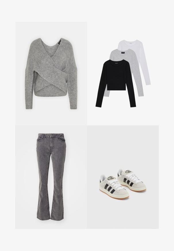 Maglione avvolgente grigio con scollatura a V profonda, maniche lunghe e texture a coste. Realizzato in un morbido materiale in maglia con un design asimmetrico a strati.; Tre magliette a maniche lunghe impilate: nera, grigia e bianca. Ognuna ha un colletto rotondo e un design accorciato con tessuto morbido e leggero.; Jeans grigi flared realizzati in denim, caratterizzati da un classico design a cinque tasche, linee di scoloritura e chiusura con bottone e zip in vita.; Sneakers in suede grigio con lacci bianchi, strisce nere e suola in gomma bianca. Presentano un logo circolare sulla linguetta e una suola in gomma.