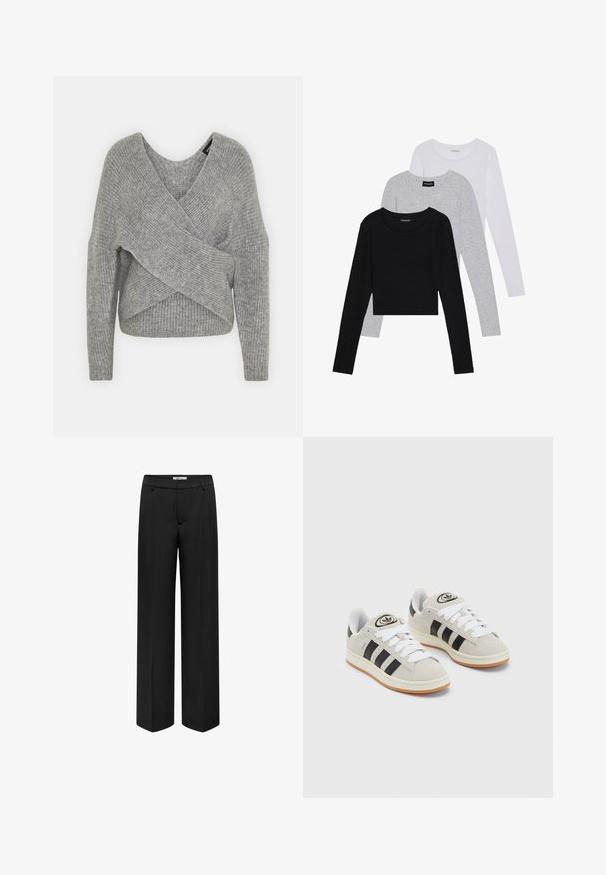 Harmaa neulejakku, jossa on syvä V-kaula-aukko, pitkät hihat ja ribboitu pinta. Valmistettu pehmeästä neuloksesta, jossa on kerroksellinen ja epäsymmetrinen muotoilu.; Kolme pitkähihasta paita päällekkäin: musta, harmaa ja valkoinen. Jokaisessa on pyöreä pääntie ja lyhennetty muotoilu, jossa on sileä ja kevyt kangas.; ONLY BERRY HW WIDE TLR - Housut - black; Harmaat mokkasiinikenkä, joissa on valkoiset nauhat, mustat raidat ja valkoinen kumipohja. Kantajassa on pyöreä logo ja vaaleanruskea pohja.