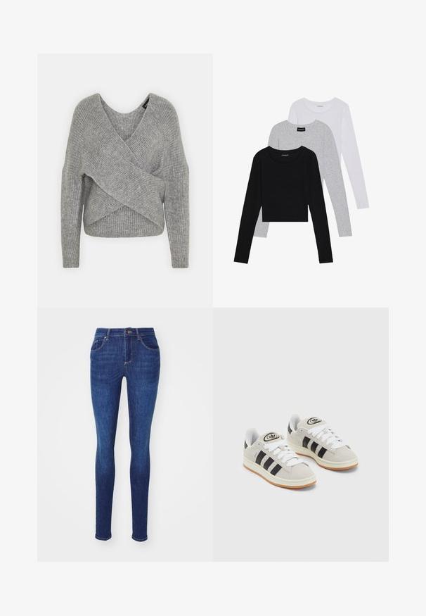 Pilkas aptraukiamas megztinis su giliu V formos iškirpimu, ilgomis rankovėmis ir riešutiniu tekstūru. Pagamintas iš minkštos megztos medžiagos su sluoksniuota, asimetrine konstrukcija.; Trijų ilgomis rankovėmis marškinėlių krūva: juodas, pilkas ir baltas. Kiekvienas turi apvalų iškirpimą ir trumpą dizainą, pagamintas iš lygaus, lengvo audinio.; Tamsiai mėlynos džinsai, pagaminti iš plono džinsinio audinio, su lygiu paviršiumi, turintys penkis kišenes, juosmenį su diržo kilpomis ir priekinį užsegimą.; Grynos zomšos sneakeriai su baltais raišteliais, juodomis juostelėmis ir balta gumine sole. Turintys apskritą logotipą ant liežuvėlio ir guminę sole.