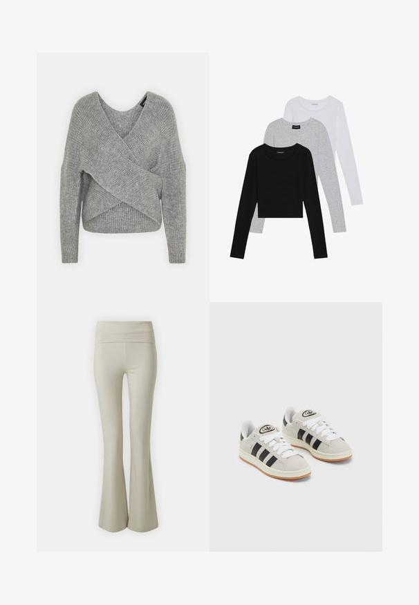 Šedý svetr s volnějším V-výstřihem, dlouhými rukávy a žebrovanou strukturou. Vyrobeno z měkké pleteniny s vrstveným, asymetrickým designem.; Tři trička s dlouhým rukávem naskládaná na sobě: černé, šedé a bílé. Každé má kulatý výstřih a kratší střih z hladkého, lehkého materiálu.; Béžové rozšířené kalhoty vyrobené z měkkého materiálu, se širokým elastickým pasem a hladkým povrchem, zúžené k rozšířenému lemu ve spodní části.; Šedé semišové tenisky s bílými tkaničkami, černými pruhy a bílou gumovou podrážkou. Mají kulaté logo na jazyku a gumovou podrážku.