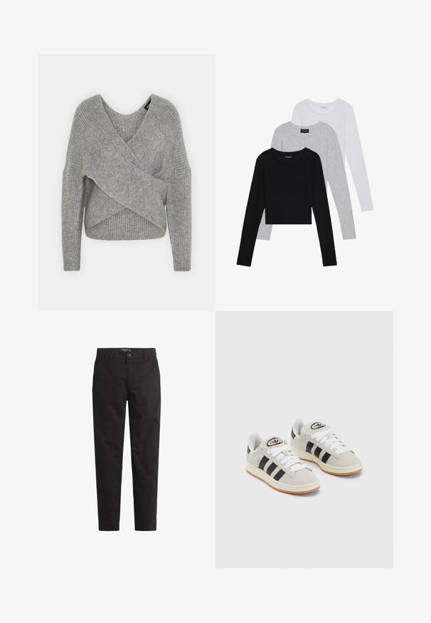 Pelēka apvalka džemperis ar dziļu V veida kakla izgriezumu, garām piedurknēm un ribu tekstūru. Izgatavots no mīksta adījuma materiāla ar slāņotu, asimetrisku dizainu.; Trīs garām piedurknēm veidotas augšdaļas, sakrautās: melna, pelēka un balta. Katram ir noapaļots kakla izgriezums un īsa dizaina forma ar gludu, vieglu audumu.; Melni kokvilnas chino bikses ar taisnas kājas dizainu, priekšējām kabatām un pogu aizdari. Gluda tekstūra ar minimālām izšuvuma detaļām.; Pelēkas zamšādas kedas ar baltām saites, melnām svītrām un baltu gumijas zoli. Raksturīga apļa logo uz mēles un gumijas zole.