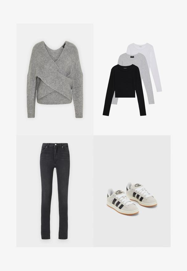 Pull en gris avec un col en V profond, des manches longues et une texture côtelée. Fabriqué en matériau tricoté doux avec un design asymétrique superposé.; Trois hauts à manches longues empilés : noir, gris et blanc. Chacun a un col rond et un design court avec un tissu lisse et léger.; Jeans skinny noirs taille haute, en denim extensible, avec passants de ceinture, coutures minimales et un design classique à cinq poches.; Baskets en suède gris avec des lacets blancs, des rayures noires et une semelle en caoutchouc blanc. Présentent un logo circulaire sur la languette et une semelle en gomme.