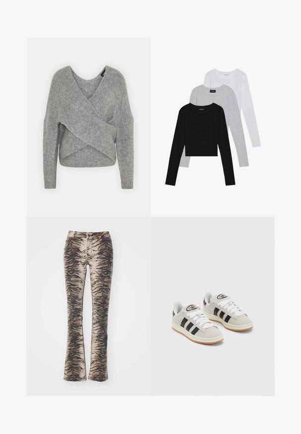 Gray wrap sweater with a deep V-neck, long sleeves, and ribbed texture. Made from a soft knit material with a layered, asymmetrical design.; Three long-sleeve tops stacked: black, grey, and white. Each has a round neckline and a cropped design with smooth, lightweight fabric.; Flared pants made of fabric with a beige and black tiger stripe pattern, featuring front pockets and a zip closure.; Gray suede sneakers with white laces, black stripes, and a white rubber sole. Features a circular logo on the tongue and a gum sole.