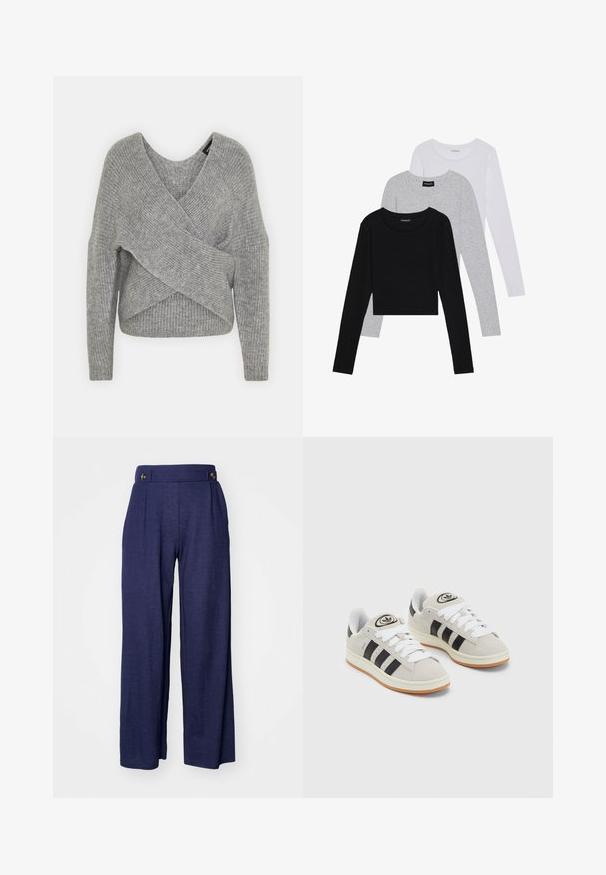 Pelēka apvalka džemperis ar dziļu V veida kakla izgriezumu, garām piedurknēm un ribu tekstūru. Izgatavots no mīksta adījuma materiāla ar slāņotu, asimetrisku dizainu.; Trīs garām piedurknēm veidotas augšdaļas, sakrautās: melna, pelēka un balta. Katram ir noapaļots kakla izgriezums un īsa dizaina forma ar gludu, vieglu audumu.; Tums zilas platās bikses, izgatavotas no mīksta auduma, ar piegriezumu un diviem priekšējiem pogām jostā, lai piešķirtu papildu detaļas.; Pelēkas zamšādas kedas ar baltām saites, melnām svītrām un baltu gumijas zoli. Raksturīga apļa logo uz mēles un gumijas zole.