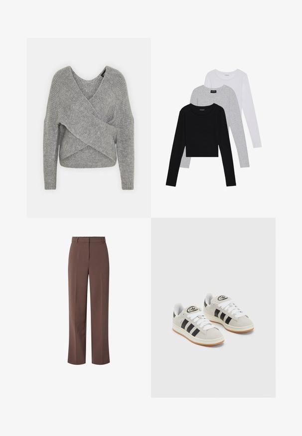 Hallide hallhargus, sügava V-kaelusega, pikkade varrukatega ja ribatrepiga. Valmistatud pehmest kudumismetallist, millel on kihiline, asümmeetriline disain.; Kolm pikkade varrukatega toppi, mis on üksteise peale asetatud: must, hall ja valge. Igal ühel on ümar kaelus ja lühike disain, valmistatud siledast, kergekaalulisest kangast.; Prunapunased kõrge vöökohaga pükste taljed, millel on vööde loovad ja esine tõmblukk, omades sirget sääre sobivust.; Hallid hallid nahkrennid valgete paeltega, mustade triipudega ja valge kummitaldiga. Omab ümmargust logo keeles ja kummitalda.