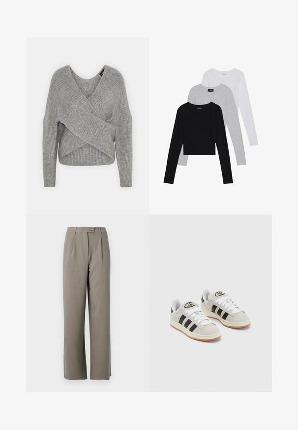 Γκρι ζακέτα με βαθύ V-λαιμό, μακριά μανίκια και ριμπ υφή. Κατασκευασμένη από μαλακό πλεκτό υλικό με επίπεδη, ασύμμετρη σχεδίαση.; Τρία μπλουζάκια με μακριά μανίκια τοποθετημένα το ένα πάνω στο άλλο: μαύρο, γκρι και άσπρο. Κάθε μπλούζα έχει στρογγυλή λαιμόκοψη και cropped σχέδιο, κατασκευασμένη από απαλό, ελαφρύ ύφασμα.; Ανοιχτό γκρίζες παντελόνες με φαρδιά πόδια και λεία υφή, που έχουν πτυχώσεις μπροστά, κλείσιμο με κουμπί και δύο πλάγιες τσέπες.; Γκρίζα σουέτ αθλητικά παπούτσια με λευκές κορδόνες, μαύρες ρίγες και λευκή καουτσούκ σόλα. Διαθέτει κυκλικό λογότυπο στη γλώσσα και σόλα από καουτσούκ.