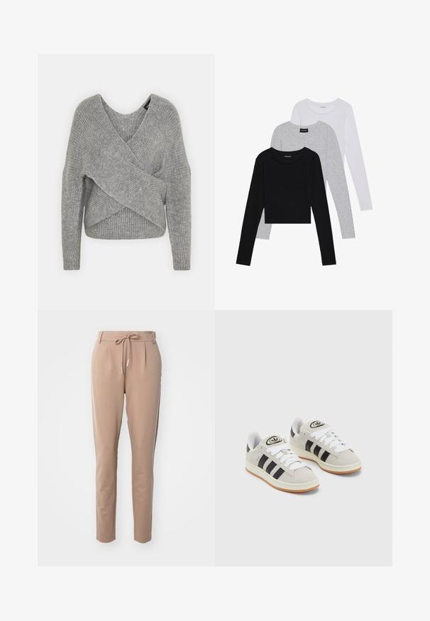 Sivý cardigan s hlbokým V- výstrihom, dlhými rukávmi a rebrovanou textúrou. Vyrobený z mäkkého pleteného materiálu s viacvrstvovým, asymetrickým dizajnom.; Tričko s dlhým rukávom v troch farbách: čiernej, sivej a bielej. Každé má okrúhly výstrih a skrátený strih vyrobený z hladkej, ľahkej tkaniny.; Béžové nohavice z mäkkej látky, s elastickým pásom na šnúrku, založením vpredu a so zúženým strihom.; Sivé semišové tenisky s bielymi šnúrkami, čiernymi pruhmi a bielou gumovou podrážkou. Obsahujú okrúhly logo na jazyku a gumenú podrážku.