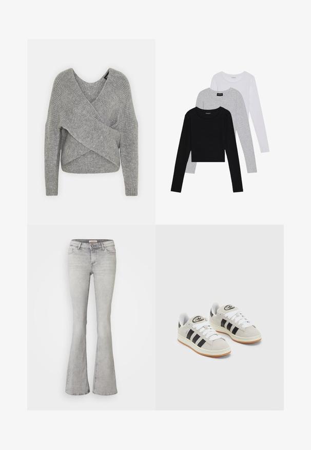 Pull en gris avec un col en V profond, des manches longues et une texture côtelée. Fabriqué en matériau tricoté doux avec un design asymétrique superposé.; Trois hauts à manches longues empilés : noir, gris et blanc. Chacun a un col rond et un design court avec un tissu lisse et léger.; Jeans en denim gris évasés avec une taille ajustée, un design à cinq poches et un léger délavage. Présentent une fermeture à bouton et un ourlet cousu.; Baskets en suède gris avec des lacets blancs, des rayures noires et une semelle en caoutchouc blanc. Présentent un logo circulaire sur la languette et une semelle en gomme.