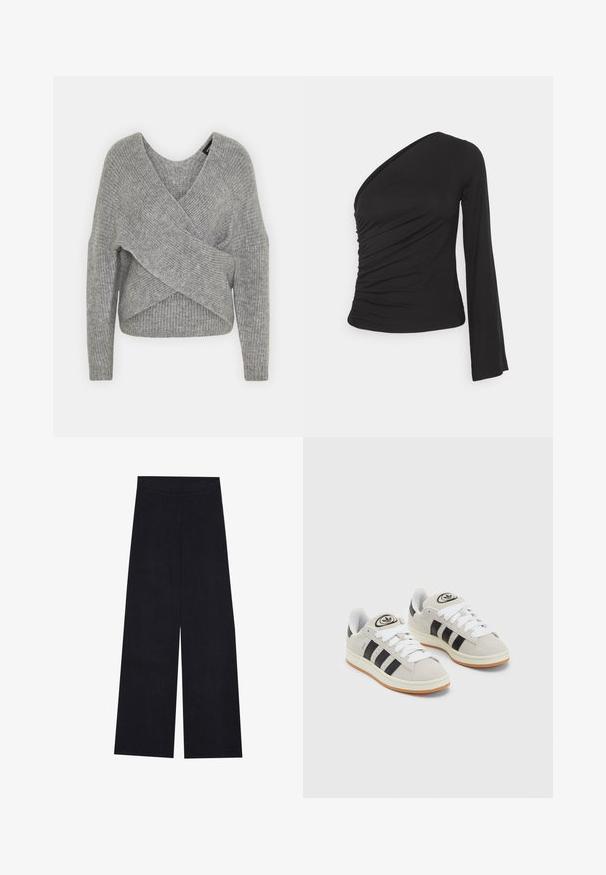 Gray wrap sweater with a deep V-neck, long sleeves, and ribbed texture. Made from a soft knit material with a layered, asymmetrical design.; Asymmetrical long-sleeve top in black, featuring a gathered side for texture and a fitted silhouette. Made of soft, stretchy material.; Wide-leg trousers in dark navy with vertical ribbed texture. Features a smooth waistband and straight cut, offering a relaxed fit.; Gray suede sneakers with white laces, black stripes, and a white rubber sole. Features a circular logo on the tongue and a gum sole.