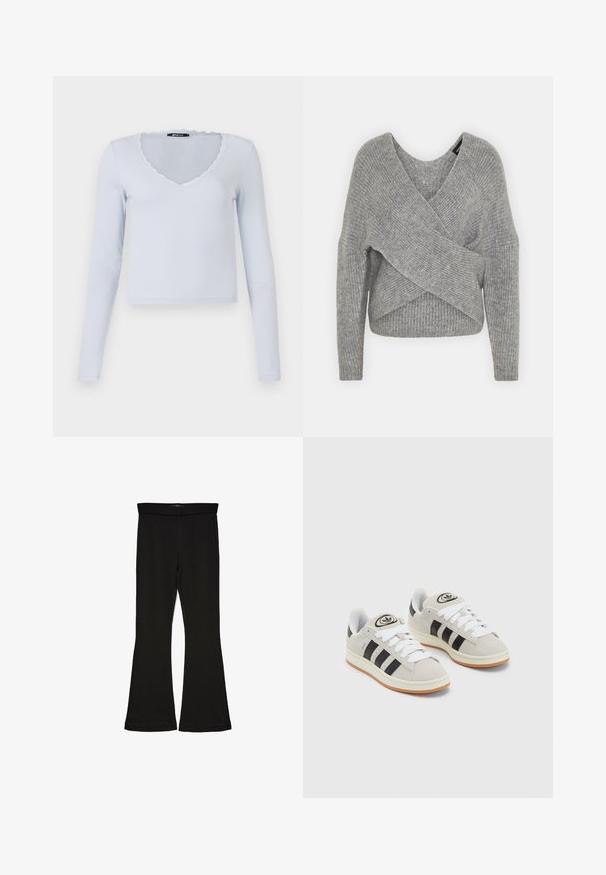 Grau umwickelter Pullover mit tiefem V-Ausschnitt, langen Ärmeln und gerippter Textur. Hergestellt aus einem weichen Strickmaterial mit einem geschichteten, asymmetrischen Design.; Helles blaues Langarmoberteil mit geripptem Texture, V-Ausschnitt und gewelltem Spitzenrand um den Ausschnitt und die Ärmel.; Schwarze Schlagleggings aus dehnbarem Stoff. Sie verfügen über einen breiten Bund und eine glatte Textur, mit einer enganliegenden Silhouette, die am Saum ausgestellt ist.; Graue Wildledersneaker mit weißen Schnürsenkeln, schwarzen Streifen und einer weißen Gummisohle. Merkmale sind ein kreisförmiges Logo auf der Zunge und eine Gummisohle.