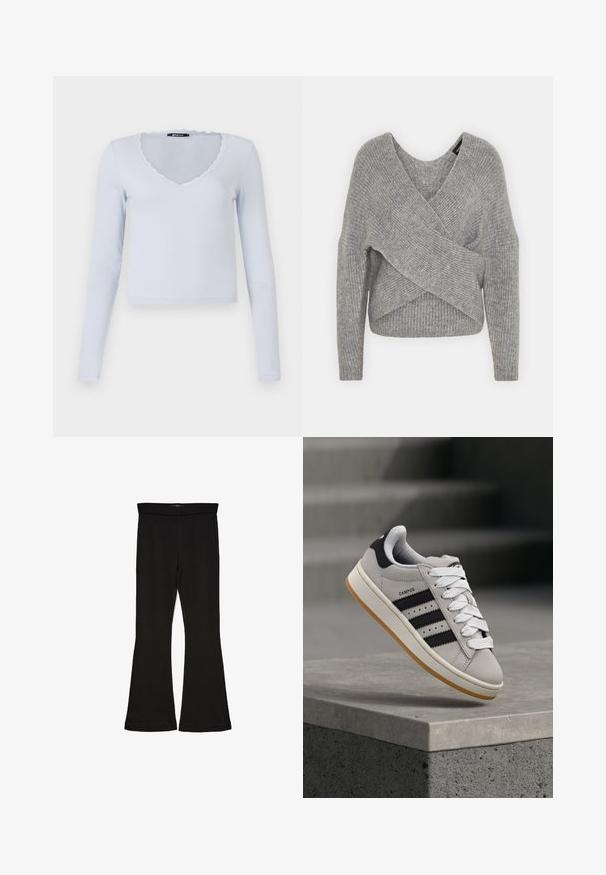 Siva omotana vestica s dubokim V-izrezom, dugim rukavima i rebrastom teksturom. Izrađena od mekog pletenog materijala s slojevitim, asimetričnim dizajnom.; Svijetloplavi dugi rukav majica s rebrastom teksturom, V-izrezom i valovitim čipkastim rubom oko izreza i rukava.; Crne hlače na tregere od rastezljivog materijala. Imaju širok pojas i glatku teksturu, s uskim krojem koji se širi na rubu.; adidas Originals CAMPUS 00S W - Tenisice - crystal white/core black/off white