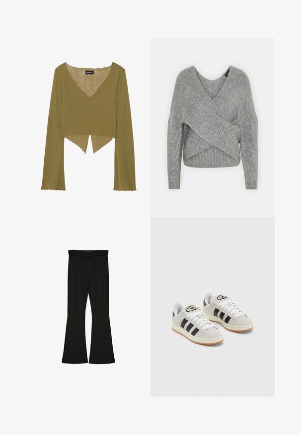 Gray wrap sweater with a deep V-neck, long sleeves, and ribbed texture. Made from a soft knit material with a layered, asymmetrical design.; Olive green long-sleeve top with a V-neck and scalloped hem. Made from a textured fabric, featuring a cropped design with flared sleeves.; Black flare leggings made from stretchy fabric. Features a wide waistband and a smooth texture, with a fitted silhouette that flares at the hem.; Gray suede sneakers with white laces, black stripes, and a white rubber sole. Features a circular logo on the tongue and a gum sole.