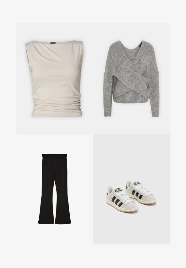 Siva ovitek pulover z globokim V-izrezom, dolgimi rokavi in ribasto teksturo. Narejen iz mehke pletene tkanine z plastnim, asimetričnim dizajnom.; Gina Tricot SOFT TOUCH BOATNECK TOP - Top - pumice stone; Črne flare leggings iz raztegljive tkanine. Imajo širok pas in gladko teksturo, s prilegajočo silhueto, ki se na robu razširi.; Sive športne čevlje iz semiša z belimi vezalkami, črnimi črtami in belim gumijastim podplatom. Imajo okroglo oznako na ježku in podplat iz gume.