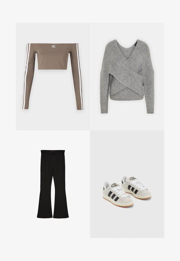 Siva ovitek pulover z globokim V-izrezom, dolgimi rokavi in ribasto teksturo. Narejen iz mehke pletene tkanine z plastnim, asimetričnim dizajnom.; Rjav crop top brez naramnic iz gladkega materiala, z dolgimi rokavi in belimi črtami vzdolž vsakega roke ter majhnim logotipom na prsih.; Črne flare leggings iz raztegljive tkanine. Imajo širok pas in gladko teksturo, s prilegajočo silhueto, ki se na robu razširi.; Sive športne čevlje iz semiša z belimi vezalkami, črnimi črtami in belim gumijastim podplatom. Imajo okroglo oznako na ježku in podplat iz gume.