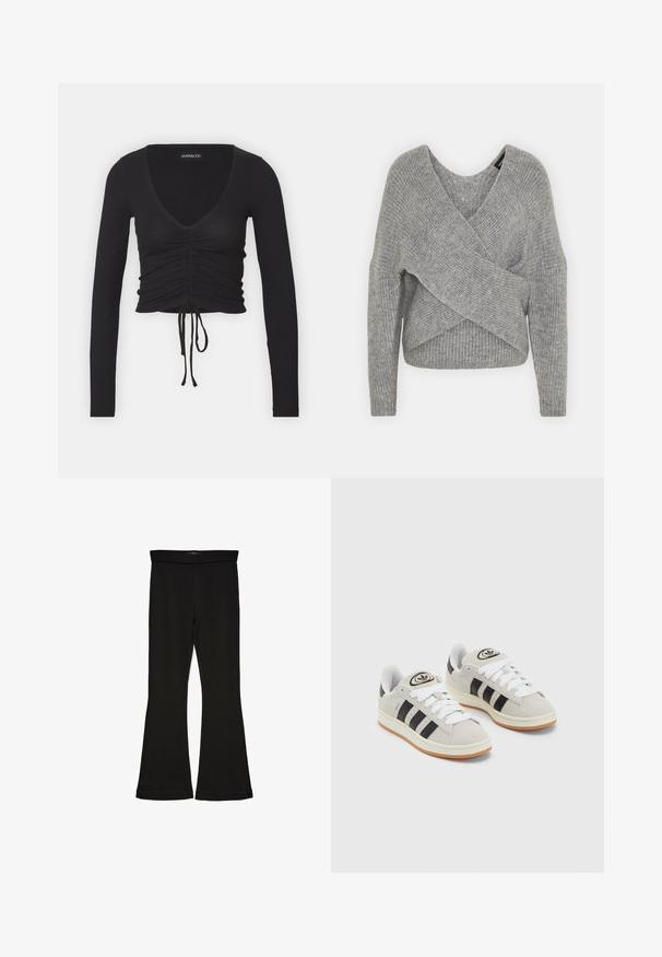Gray wrap sweater with a deep V-neck, long sleeves, and ribbed texture. Made from a soft knit material with a layered, asymmetrical design.; Black ribbed long-sleeve crop top featuring a deep V-neck, gathered detailing at the front, and adjustable tie at the hem.; Black flare leggings made from stretchy fabric. Features a wide waistband and a smooth texture, with a fitted silhouette that flares at the hem.; Gray suede sneakers with white laces, black stripes, and a white rubber sole. Features a circular logo on the tongue and a gum sole.