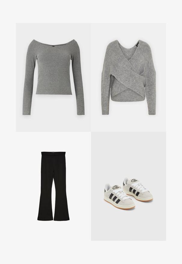 Gray wrap sweater with a deep V-neck, long sleeves, and ribbed texture. Made from a soft knit material with a layered, asymmetrical design.; Gray ribbed long-sleeve top with an off-shoulder neckline, fitted design, and smooth texture. No visible hardware or patterns.; Black flare leggings made from stretchy fabric. Features a wide waistband and a smooth texture, with a fitted silhouette that flares at the hem.; Gray suede sneakers with white laces, black stripes, and a white rubber sole. Features a circular logo on the tongue and a gum sole.