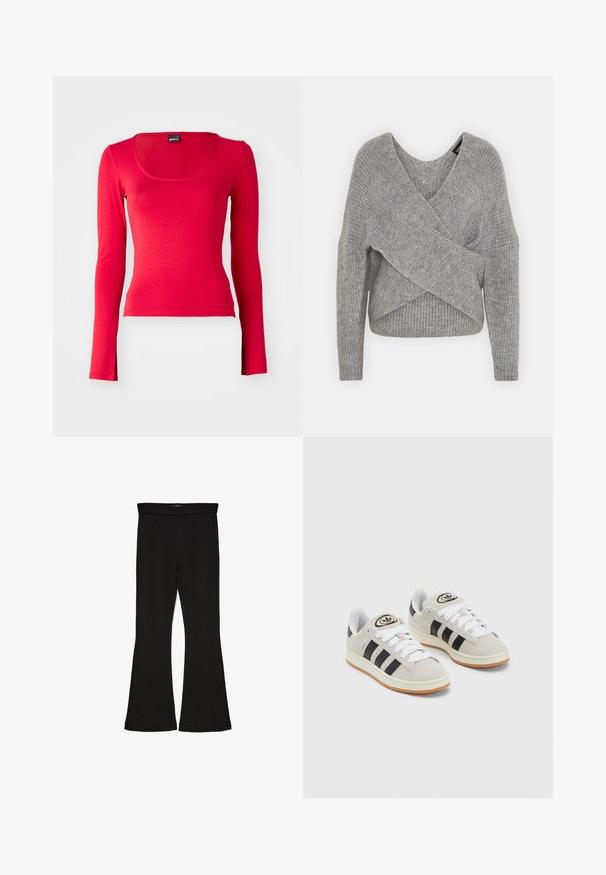 Grau umwickelter Pullover mit tiefem V-Ausschnitt, langen Ärmeln und gerippter Textur. Hergestellt aus einem weichen Strickmaterial mit einem geschichteten, asymmetrischen Design.; Rotes Langarmshirt mit Rundhalsausschnitt, aus weichem, elastischem Stoff gefertigt. Verfügt über ein tailliertes Design und eine glatte Textur. Keine sichtbaren Muster oder Akzente.; Schwarze Schlagleggings aus dehnbarem Stoff. Sie verfügen über einen breiten Bund und eine glatte Textur, mit einer enganliegenden Silhouette, die am Saum ausgestellt ist.; Graue Wildledersneaker mit weißen Schnürsenkeln, schwarzen Streifen und einer weißen Gummisohle. Merkmale sind ein kreisförmiges Logo auf der Zunge und eine Gummisohle.