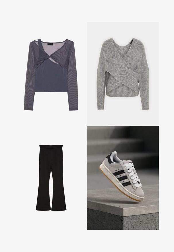 Gray wrap sweater with a deep V-neck, long sleeves, and ribbed texture. Made from a soft knit material with a layered, asymmetrical design.; Grey long-sleeve top featuring a fitted underlayer with a sheer mesh overlay, twist detail at the front, and a scoop neckline.; Black flare leggings made from stretchy fabric. Features a wide waistband and a smooth texture, with a fitted silhouette that flares at the hem.; Gray Adidas Campus sneaker with black stripes and white laces floating above a concrete ledge with stairs in the background.