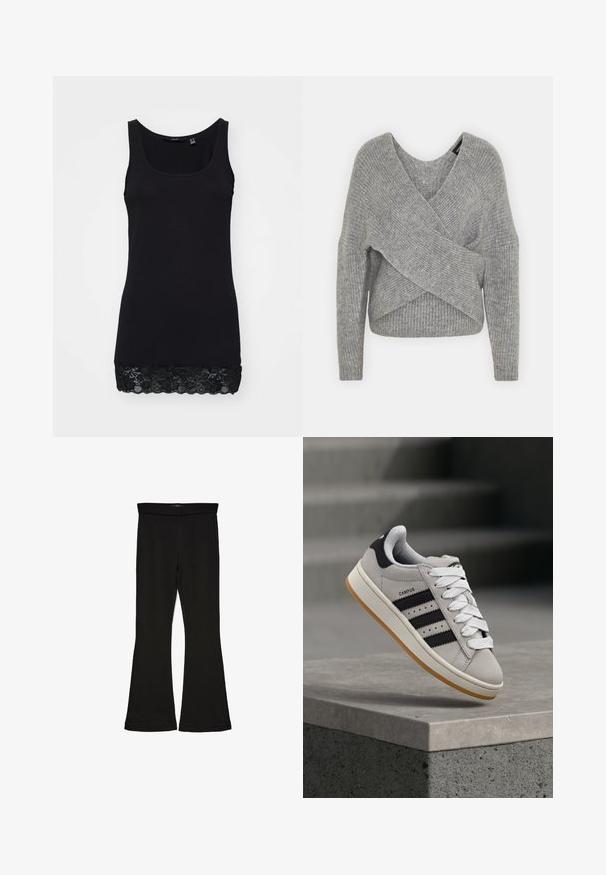 Szürke, mély V kivágású, hosszú ujjú kötött pulóver, bordás textúrával. Puha kötött anyagból készült, réteges, aszimmetrikus dizájnnal.; Fekete ruhátlan felső sima pamutból, testhezálló fazonnal, csipkés díszítéssel az alján a textúra és a részletek fokozása érdekében.; Fekete trapéz leggings rugalmas anyagból készült. Széles derékpánttal és sima textúrával rendelkezik, illeszkedő sziluettje van, amely a szegélyen kigyullad.; Szürke Adidas Campus sneaker fekete csíkokkal és fehér fűzőkkel, amely egy beton korlát felett lebeg, háttérben lépcsőkkel.