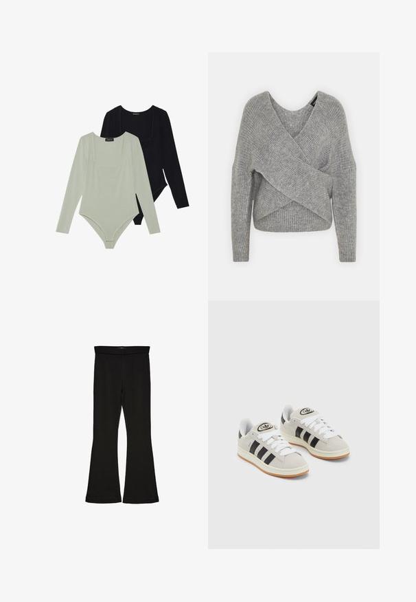 Grå omslagssweater med dyp V-hals, lange ermer og ribbestruktur. Laget av et mykt strikket materiale med et lagdelt, asymmetrisk design.; To langermede bodysuits: en i lys grønn og den andre i svart. Begge har firkantet utringning og en tettsittende design med en glatt tekstur.; Sorte flared leggings laget av stretchy stoff. Har en bred midjebånd og en glatt tekstur, med en tettsittende silhuett som blir videre nedover.; Grå semsket sneakers med hvite lisser, svarte striper og en hvit gummisåle. Har en sirkulær logo på tungen og en gummisåle.