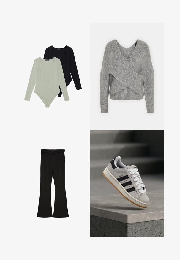 Harmaa neulejakku, jossa on syvä V-kaula-aukko, pitkät hihat ja ribboitu pinta. Valmistettu pehmeästä neuloksesta, jossa on kerroksellinen ja epäsymmetrinen muotoilu.; Kaksi pitkähihainen bodya: toinen vaaleanvihreä ja toinen musta. Molemmissa on neliön muotoinen pääntie ja tiukka muotoilu sileällä pinnalla.; Mustat leveät legginsit, jotka on valmistettu joustavasta kankaasta. Niissä on leveä vyötärö ja sileä pinta, sekä vartalonmyötäinen leikkaus, joka levenee helmassa.; Harmaa Adidas Campus -tennari mustilla raidoilla ja valkoisilla nauhoilla leijumassa betonikaiteen yläpuolella, taustalla portaat.