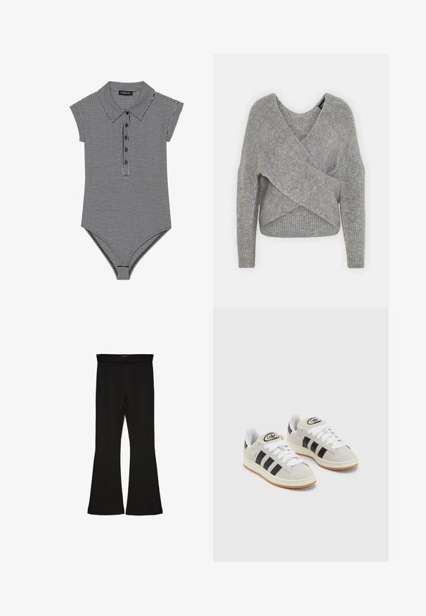 Harmaa neulejakku, jossa on syvä V-kaula-aukko, pitkät hihat ja ribboitu pinta. Valmistettu pehmeästä neuloksesta, jossa on kerroksellinen ja epäsymmetrinen muotoilu.; Mustat ja valkoiset raidalliset bodysuitit, joissa on kauluksessa oleva pääntie, lyhyet hihansuut ja viiden napin napitus. Pehmeä jersey-kangas.; Mustat leveät legginsit, jotka on valmistettu joustavasta kankaasta. Niissä on leveä vyötärö ja sileä pinta, sekä vartalonmyötäinen leikkaus, joka levenee helmassa.; Harmaat mokkasiinikenkä, joissa on valkoiset nauhat, mustat raidat ja valkoinen kumipohja. Kantajassa on pyöreä logo ja vaaleanruskea pohja.