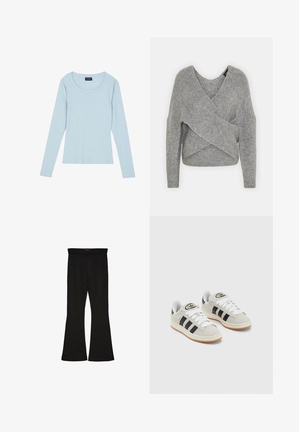 Grå omslagssweater med dyp V-hals, lange ermer og ribbestruktur. Laget av et mykt strikket materiale med et lagdelt, asymmetrisk design.; Lyseblå langermet ribbestrikket topp med rund hals og tettsittende design. Myk tekstur med et subtilt mønster som går vertikalt.; Sorte flared leggings laget av stretchy stoff. Har en bred midjebånd og en glatt tekstur, med en tettsittende silhuett som blir videre nedover.; Grå semsket sneakers med hvite lisser, svarte striper og en hvit gummisåle. Har en sirkulær logo på tungen og en gummisåle.