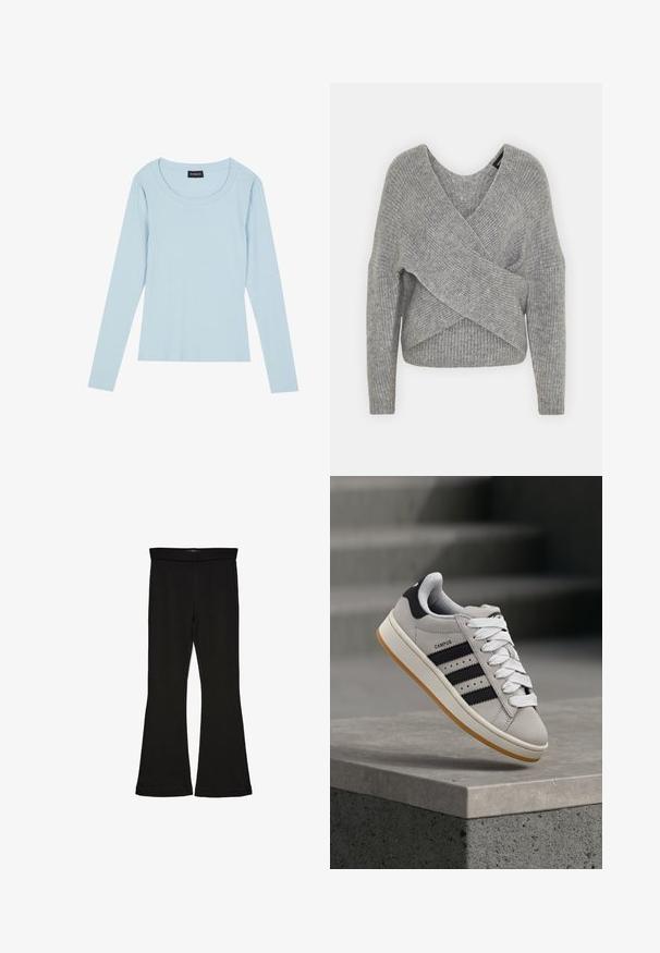 Pilkas aptraukiamas megztinis su giliu V formos iškirpimu, ilgomis rankovėmis ir riešutiniu tekstūru. Pagamintas iš minkštos megztos medžiagos su sluoksniuota, asimetrine konstrukcija.; Šviesiai mėlynas ilgos rankovės įvorės viršus su apvaliu iškirpimu ir prigludusia forma. Minkštas audinys su subtiliu vertikaliu raštu.; Juodos flared tipo legginsai, pagaminti iš tamprios medžiagos. Yra platus juosmuo ir lygus paviršius, su prie kūno priglundančiu siluetu, kuris pločiasi ties apatine dalimi.; Pilka Adidas Campus sportinio batelio su juodomis juostelėmis ir baltais batraiščiais, plūduriuojančio virš betoninės pakylos su laiptais fone.