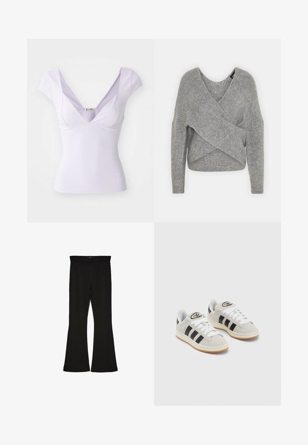 Pelēka apvalka džemperis ar dziļu V veida kakla izgriezumu, garām piedurknēm un ribu tekstūru. Izgatavots no mīksta adījuma materiāla ar slāņotu, asimetrisku dizainu.; Lila īsām piedurknēm augšdaļa ar dziļu V veida kakla izgriezumu, pieguļošu dizainu, gludu tekstūru un smalku etiķeti netālu no kakla izgriezuma.; Melnas flared leggings, kas izgatavotas no stiepjama auduma. Iezīmējas ar platu jostasvietu un gludu tekstūru, ar pieguļošu siluetu, kas paplašinās pie apakšmalas.; Pelēkas zamšādas kedas ar baltām saites, melnām svītrām un baltu gumijas zoli. Raksturīga apļa logo uz mēles un gumijas zole.