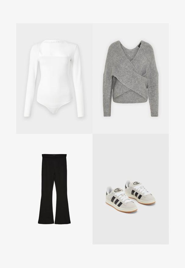 Hallide hallhargus, sügava V-kaelusega, pikkade varrukatega ja ribatrepiga. Valmistatud pehmest kudumismetallist, millel on kihiline, asümmeetriline disain.; Valge pika varrukaga bodi ruudukujulise kaelusega, valmistatud siledast materjalist. Omab keha järgivat siluetti ja snap-lukku allosas.; Mustad mustad sääred, mis on valmistatud venivast kangast. Omab laia vööd ja siledat tekstuuri, sobituv siluett, mis laieneb allservas.; Hallid hallid nahkrennid valgete paeltega, mustade triipudega ja valge kummitaldiga. Omab ümmargust logo keeles ja kummitalda.