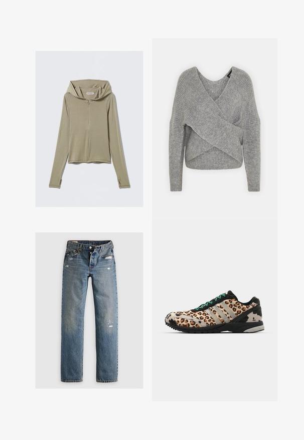 Suéter gris envolvente con un profundo escote en V, mangas largas y textura acanalada. Fabricado con un material de punto suave y un diseño asimétrico en capas.; Sudadera con capucha de manga larga color verde oliva con cremallera, hecha de tela suave. Cuenta con una capucha grande, costuras mínimas y orificios para los pulgares en las mangas.; Jeans de denim azul con corte recto, que presentan detalles desgastados y parches desteñidos. La tela tiene un acabado texturizado y costuras cosidas.; adidas Originals ADIZERO ADIOS OG - Zapatillas - grey two/core black/court green