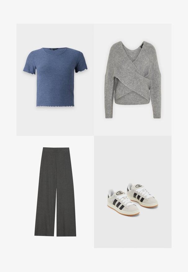 Grå indpakningssweater med dyb V-udskæring, lange ærmer og ribbet tekstur. Fremstillet i et blødt strikkemateriale med et lagdelt, asymmetrisk design.; Blå ribbet kortærmet top med rund halsudskæring og bølget kant. Fremstillet af blødt, struktureret stof med en tætsiddende pasform.; Bredde bukser i en charcoal grå ribbet stof, med en høj talje og lodrette striber for tekstur og detaljer.; Grå ruskinds sneakers med hvide snørebånd, sorte striber og en hvid gummisål. Har et rundt logo på tungen og en gummisål.