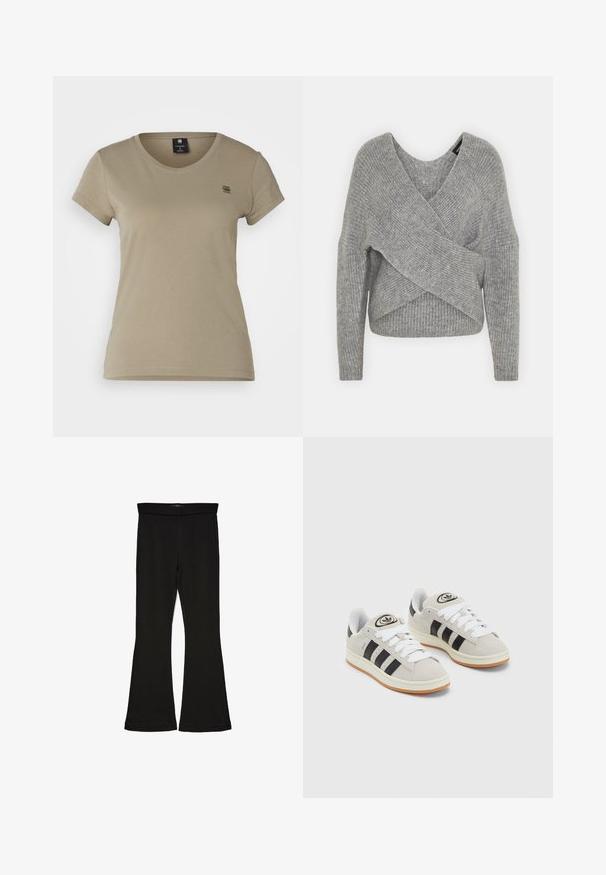 Pilkas aptraukiamas megztinis su giliu V formos iškirpimu, ilgomis rankovėmis ir riešutiniu tekstūru. Pagamintas iš minkštos megztos medžiagos su sluoksniuota, asimetrine konstrukcija.; G-STAR EYBEN - Paprasti marškinėliai - shamrock; Juodos flared tipo legginsai, pagaminti iš tamprios medžiagos. Yra platus juosmuo ir lygus paviršius, su prie kūno priglundančiu siluetu, kuris pločiasi ties apatine dalimi.; Grynos zomšos sneakeriai su baltais raišteliais, juodomis juostelėmis ir balta gumine sole. Turintys apskritą logotipą ant liežuvėlio ir guminę sole.