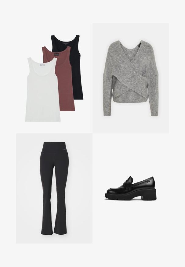 Grå omslagssweater med dyp V-hals, lange ermer og ribbestruktur. Laget av et mykt strikket materiale med et lagdelt, asymmetrisk design.; Tre tank topper i hvit, burgunder og svart. Hver av dem har scoop-hals og tynne stropper, laget av mykt, strikkbart stoff.; Svart yoga-bukser med høy midje, laget av elastisk stoff. Har en utsvingt design og en liten Nike-logo på livet.; Svart lær loafer med tykke hæler og tykt såle med en stroppdetalj over toppen, vist fra siden på en hvit bakgrunn.