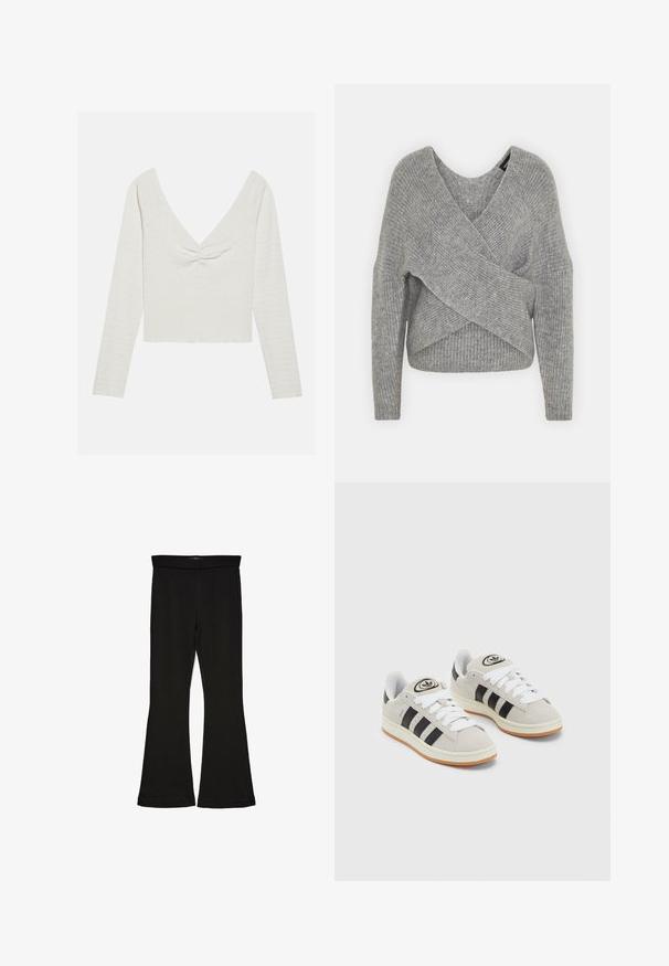 Gray wrap sweater with a deep V-neck, long sleeves, and ribbed texture. Made from a soft knit material with a layered, asymmetrical design.; Long-sleeve, off-white top with a deep V-neck and a knotted detail at the front, featuring textured fabric and a cropped hem.; Black flare leggings made from stretchy fabric. Features a wide waistband and a smooth texture, with a fitted silhouette that flares at the hem.; Gray suede sneakers with white laces, black stripes, and a white rubber sole. Features a circular logo on the tongue and a gum sole.