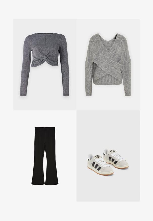 Grå omslagströja med djup V-ringning, långa ärmar och ribbad struktur. Tillverkad av ett mjukt stickat material med en lager-på-lager, asymmetrisk design.; Silver långärmad cropped topp med vriden frontdesign, med en texturerad, glittrig tyg för extra glans och dimension.; Svarta flare leggings tillverkade av elastisk tyg. Har en bred midja och en slät yta, med en åtsittande silhuett som flares vid fållen.; Grå mocka sneakers med vita snören, svarta ränder och en vit gummisula. Har en rund logo på tungan och en gummisula.