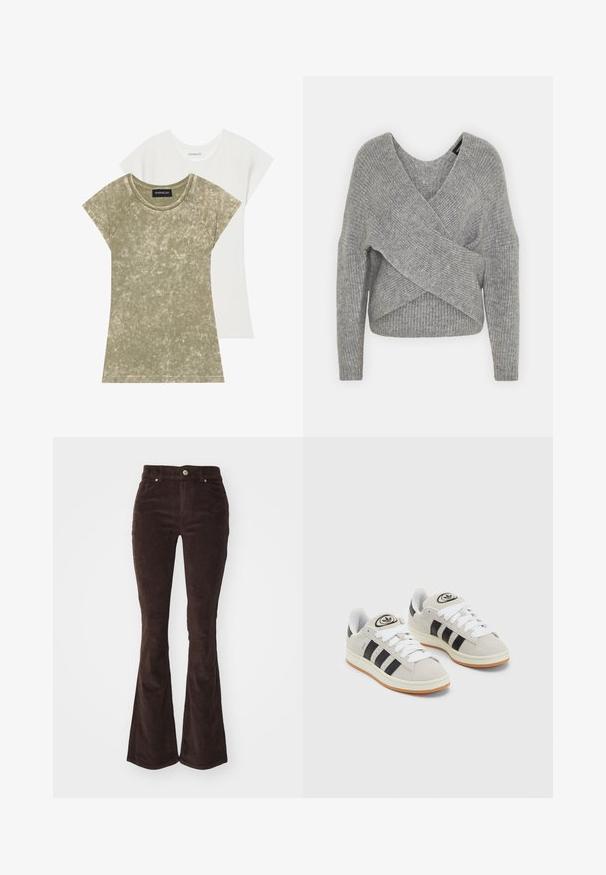 Szürke, mély V kivágású, hosszú ujjú kötött pulóver, bordás textúrával. Puha kötött anyagból készült, réteges, aszimmetrikus dizájnnal.; Két rövid ujjú póló: az egyik olívazöld, texturált, bordázott anyagból készült, a másik sima fehér. Mindkettő kerek nyakú és raglán ujja van.; Vero Moda VMFLASH FLARED PANTS - Nadrágok - chocolate torte; Szürke velúr sportcipők fehér fűzővel, fekete csíkokkal és fehér gumitalppal. A nyelvén kör alakú logó található, illetve a talpa színes gumi.