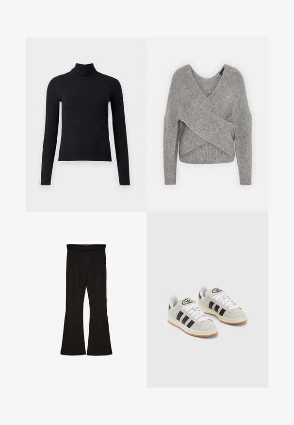 Grå omslagssweater med dyp V-hals, lange ermer og ribbestruktur. Laget av et mykt strikket materiale med et lagdelt, asymmetrisk design.; Svart ribbestrikket turtleneck genser med lange ermer, tettsittende design, glatt tekstur og høy krage. Ingen synlige mønstre eller utsmykninger.; Sorte flared leggings laget av stretchy stoff. Har en bred midjebånd og en glatt tekstur, med en tettsittende silhuett som blir videre nedover.; Grå semsket sneakers med hvite lisser, svarte striper og en hvit gummisåle. Har en sirkulær logo på tungen og en gummisåle.