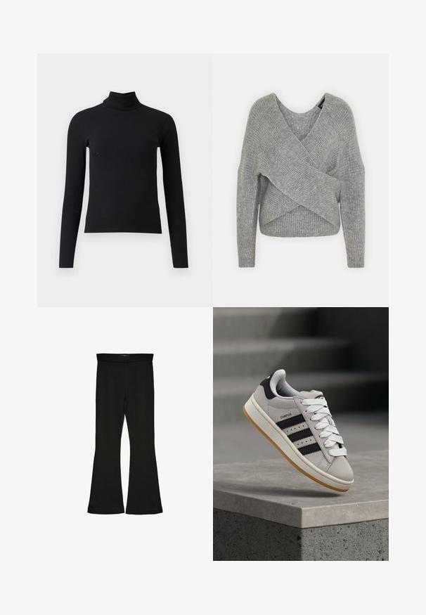 Grijze wikkeltrui met een diepe V-hals, lange mouwen en ribbelstructuur. Gemaakt van een zachte gebreide stof met een gelaagd, asymmetrisch ontwerp.; Zwart geribbelde coltrui met lange mouwen, aansluitend ontwerp, gladde textuur en hoge kraag. Geen zichtbare patronen of versieringen.; Zwarte flare leggings gemaakt van rekbaar materiaal. Beschikt over een brede tailleband en een zachte textuur, met een getailleerd silhouet dat uitloopt bij de zoom.; adidas Originals CAMPUS 00S W - Sneakers laag - crystal white/core black/off white
