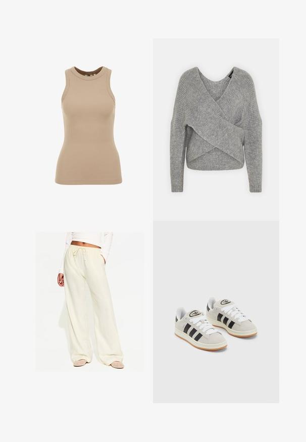 Grå omslagströja med djup V-ringning, långa ärmar och ribbad struktur. Tillverkad av ett mjukt stickat material med en lager-på-lager, asymmetrisk design.; WE Fashion SINGLET - Linne - beige; Vida vidbyxa i ljusgult med dragsko i midjan, med en slät yta och sidofickor, kombinerad med dekorativa platta sandaler.; Grå mocka sneakers med vita snören, svarta ränder och en vit gummisula. Har en rund logo på tungan och en gummisula.