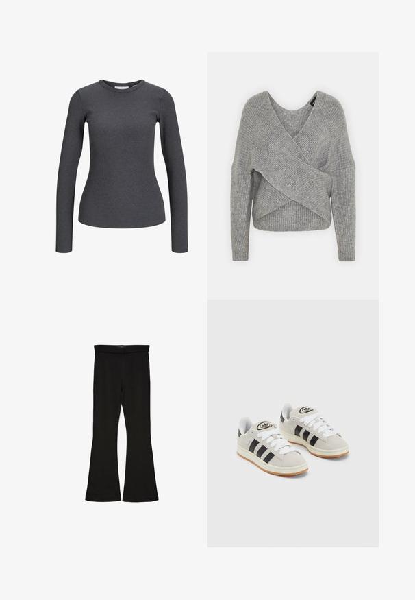 Siva ovitek pulover z globokim V-izrezom, dolgimi rokavi in ribasto teksturo. Narejen iz mehke pletene tkanine z plastnim, asimetričnim dizajnom.; Dolga majica z rebrasto teksturo v temno sivi barvi. Ima okrogel izrez in prilegajoč kroj. Narejena je iz raztegljive tkanine za udobje.; Črne flare leggings iz raztegljive tkanine. Imajo širok pas in gladko teksturo, s prilegajočo silhueto, ki se na robu razširi.; Sive športne čevlje iz semiša z belimi vezalkami, črnimi črtami in belim gumijastim podplatom. Imajo okroglo oznako na ježku in podplat iz gume.