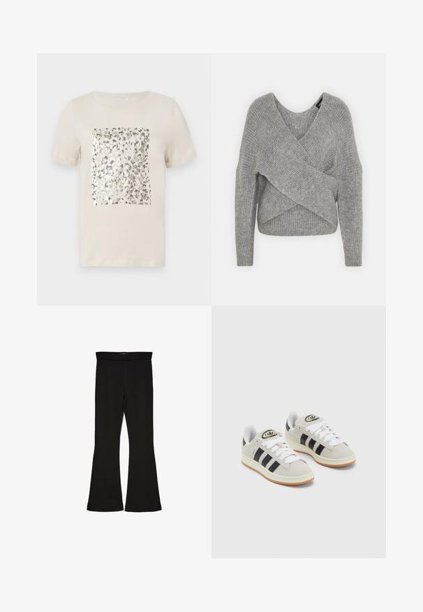 Sivý cardigan s hlbokým V- výstrihom, dlhými rukávmi a rebrovanou textúrou. Vyrobený z mäkkého pleteného materiálu s viacvrstvovým, asymetrickým dizajnom.; Béžové tričko s krátkymi rukávmi a štvorcovou striebornou potlačou zvieraťa v strede. Mäkčený bavlnený materiál, klasický okrúhly výstrih.; Čierne legíny s flared strihom vyrobené z elastického materiálu. Majú široký pás a hladkú textúru, s priliehavým siluetom, ktorý sa na okraji rozširuje.; Sivé semišové tenisky s bielymi šnúrkami, čiernymi pruhmi a bielou gumovou podrážkou. Obsahujú okrúhly logo na jazyku a gumenú podrážku.