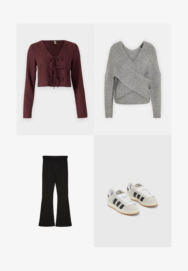 Pelēka apvalka džemperis ar dziļu V veida kakla izgriezumu, garām piedurknēm un ribu tekstūru. Izgatavots no mīksta adījuma materiāla ar slāņotu, asimetrisku dizainu.; Burgundijas krāsas, garām piedurknēm, īsā topā ar teksturētu audumu, dziļu V veida kakla izgriezumu un saites detaļu priekšpusē. Iezīmēts ar šauru piegriezumu.; Melnas flared leggings, kas izgatavotas no stiepjama auduma. Iezīmējas ar platu jostasvietu un gludu tekstūru, ar pieguļošu siluetu, kas paplašinās pie apakšmalas.; Pelēkas zamšādas kedas ar baltām saites, melnām svītrām un baltu gumijas zoli. Raksturīga apļa logo uz mēles un gumijas zole.