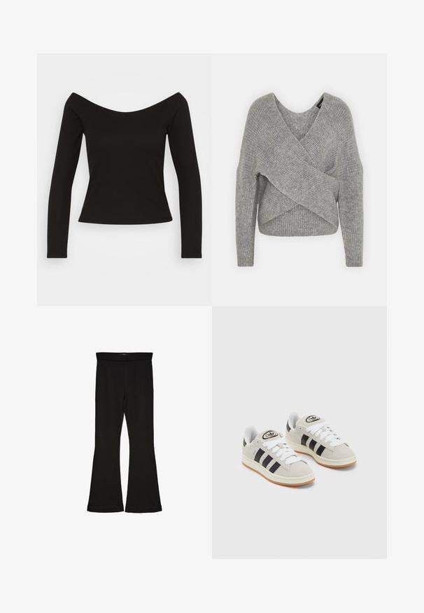 Pelēka apvalka džemperis ar dziļu V veida kakla izgriezumu, garām piedurknēm un ribu tekstūru. Izgatavots no mīksta adījuma materiāla ar slāņotu, asimetrisku dizainu.; Melnā ribota, garām piedurknēm augšdaļa ar plecus atsedzošu dizainu un pieguļošu siluetu. Gluda tekstūra ar nedaudz elastīgu audumu komfortam.; Melnas flared leggings, kas izgatavotas no stiepjama auduma. Iezīmējas ar platu jostasvietu un gludu tekstūru, ar pieguļošu siluetu, kas paplašinās pie apakšmalas.; Pelēkas zamšādas kedas ar baltām saites, melnām svītrām un baltu gumijas zoli. Raksturīga apļa logo uz mēles un gumijas zole.