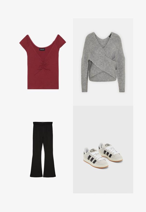 Pilkas aptraukiamas megztinis su giliu V formos iškirpimu, ilgomis rankovėmis ir riešutiniu tekstūru. Pagamintas iš minkštos megztos medžiagos su sluoksniuota, asimetrine konstrukcija.; Mauvinių spalvos prigludęs marškinėliai su trumpomis rankovėmis, apvaliu iškirpimu, susiraukšlėtu centru ir banguota apdaila aplink iškirpimą ir rankoves.; Juodos flared tipo legginsai, pagaminti iš tamprios medžiagos. Yra platus juosmuo ir lygus paviršius, su prie kūno priglundančiu siluetu, kuris pločiasi ties apatine dalimi.; Grynos zomšos sneakeriai su baltais raišteliais, juodomis juostelėmis ir balta gumine sole. Turintys apskritą logotipą ant liežuvėlio ir guminę sole.