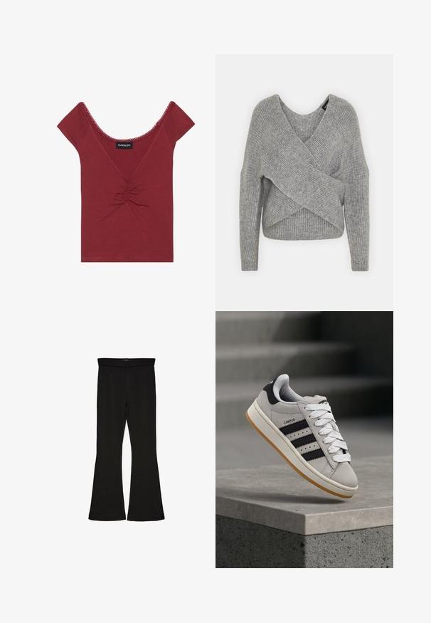 Grå indpakningssweater med dyb V-udskæring, lange ærmer og ribbet tekstur. Fremstillet i et blødt strikkemateriale med et lagdelt, asymmetrisk design.; Mauve tætsiddende top med korte ærmer, rund halsudskæring, samlet detalje i midten og bølget kant langs halsudskæringen og ærmerne.; Sorte flared leggings lavet af strækbart stof. Har en bred talje og en glat tekstur, med en tætsiddende silhuet der bredder sig ved sømmen.; Grå Adidas Campus-sneaker med sorte striber og hvide snørebånd, der svæver over en betonkant med trapper i baggrunden.