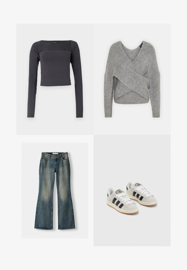 Grau umwickelter Pullover mit tiefem V-Ausschnitt, langen Ärmeln und gerippter Textur. Hergestellt aus einem weichen Strickmaterial mit einem geschichteten, asymmetrischen Design.; Langärmliges, kurzes Oberteil aus dunkelgrauem Stoff mit glatter Textur. Es hat einen quadratischen Ausschnitt und eine eng anliegende Passform.; Blaue Schlagjeans mit einem ausgewaschenen Look, fünf Taschen und einem Knopfverschluss. Das Material zeigt eine Denim-Textur mit dezenten Stickdetails.; Graue Wildledersneaker mit weißen Schnürsenkeln, schwarzen Streifen und einer weißen Gummisohle. Merkmale sind ein kreisförmiges Logo auf der Zunge und eine Gummisohle.