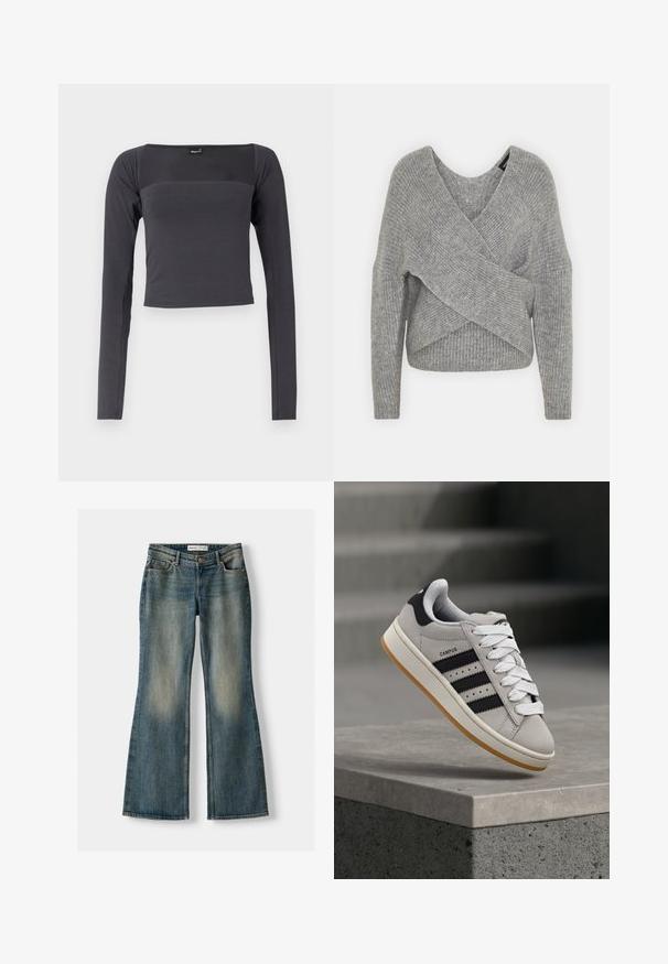 Grijze wikkeltrui met een diepe V-hals, lange mouwen en ribbelstructuur. Gemaakt van een zachte gebreide stof met een gelaagd, asymmetrisch ontwerp.; Langemouwige, cropped top van donkergrijze stof met een gladde textuur. Heeft een vierkante halslijn en een aansluitend ontwerp.; Blauwe uitlopende spijkerbroek met een vervaagde wassing, vijf zakken en een knoopsluiting. Het materiaal heeft een denim textuur met subtiele stikseldetails.; Grijze Adidas Campus sneaker met zwarte strepen en witte veter, zwevend boven een betonnen richel met trappen op de achtergrond.